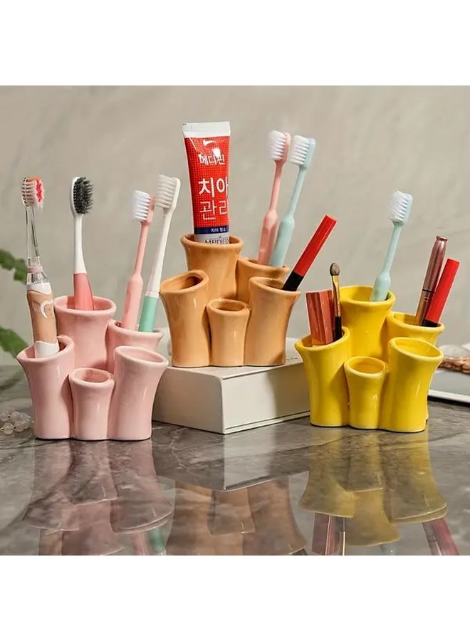 Pink Ceramic Toothbrush Holder And Makeup Brush Organizer With 65 Scenes Desktop Storage Box - Image 1